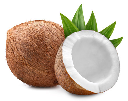 Coconut Clipping Path. Ripe whole coconut with green leaf and half isolated on white background. Coconut macro studio photoの写真素材