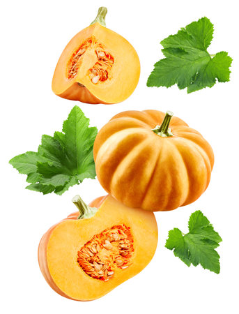 Flying pumpkin whole and cut in half with leaf isolated on white background. Clipping Path. Full depth of field.の写真素材