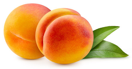 Peach with leaves isolated on white background.  Peach macro studio photoの写真素材