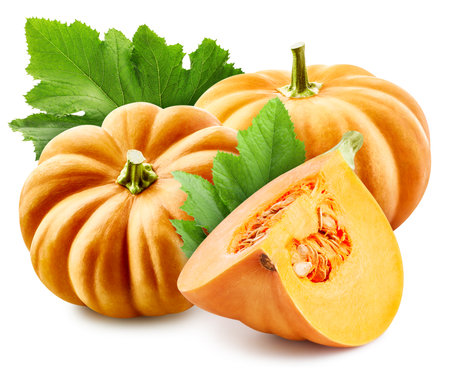 Pumpkin vegetable and green leaves isolated on white background.の写真素材