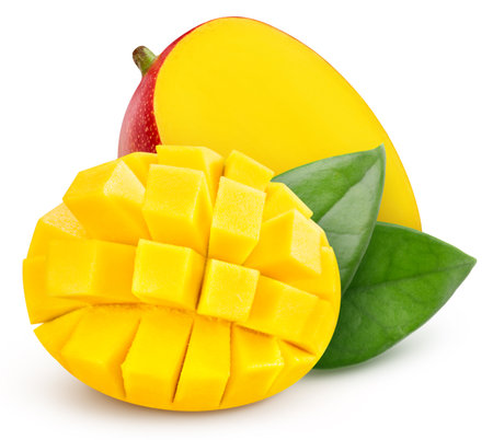 Mango and leaves, isolated on white background. Full depth of field.の写真素材