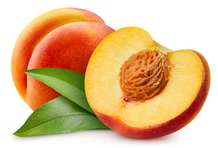 Peach with leaves isolated on white background.  Peach macro studio photoの写真素材