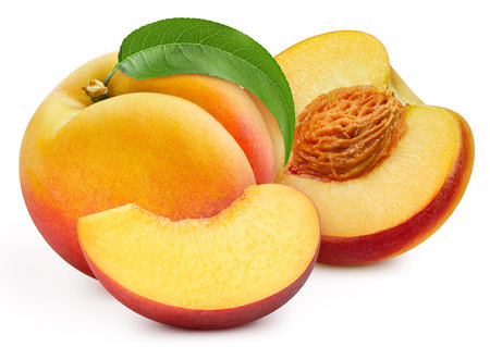Peach with leaves isolated on white background.の写真素材