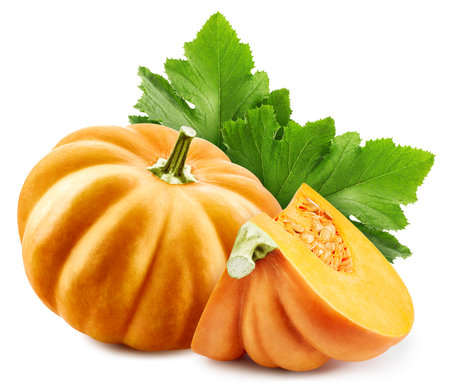 Pumpkin and leaves, isolated on white background. Full depth of field.の写真素材
