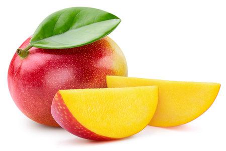 Ripe mango with leaves. Organic mango isolated on white background.の写真素材