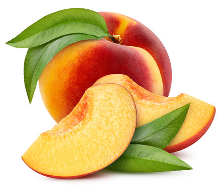 Peach fruit with peach leaf isolated on white background.の写真素材
