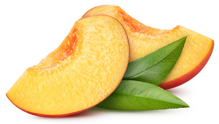Peach with leaves isolated on white background.の写真素材