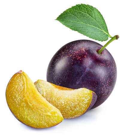 Isolated plum. Fresh organic plum with leavesの写真素材