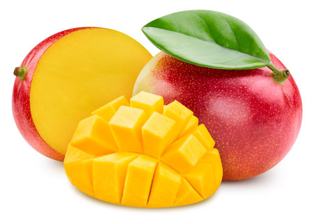 Mango and leaves, isolated on white background. Full depth of field.の写真素材