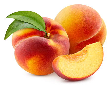 Peach with leaves isolated on white background.の写真素材