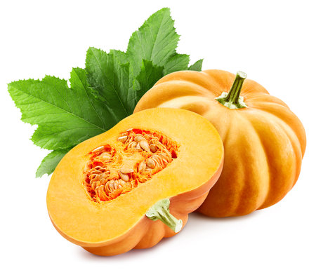 Pumpkin vegetable and green leaves isolated on white background.の写真素材