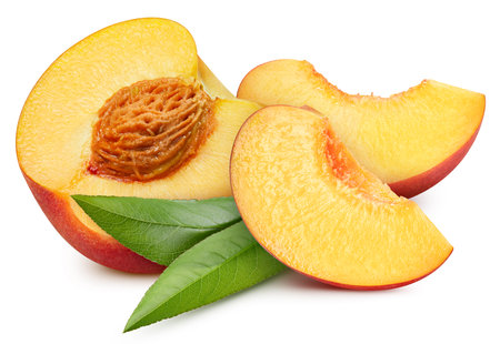 Peach with leaves isolated on white background. Peach macro studio photoの写真素材