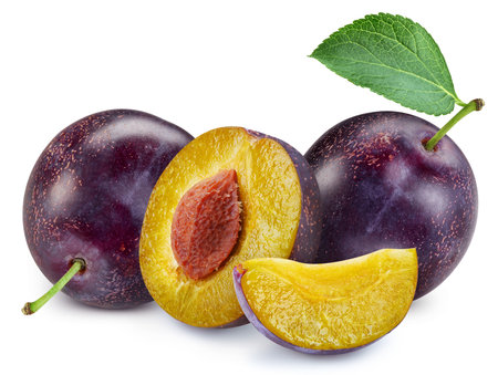 Plum fruit with plum leaf isolated on white background. Professional studio macro shootingの写真素材
