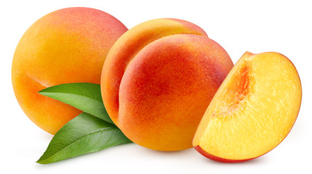 Peach with leaves isolated on white background. Peach Clipping Path. Peach macro studio photoの写真素材