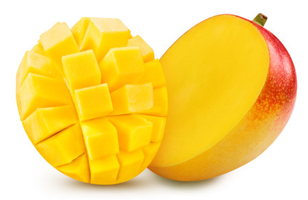 Mango isolated on the white background. Mango half. Fresh mango fruits isolated on white backgroundの写真素材