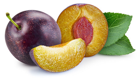 Plum fruit with plum leaf isolated on white background. Plum clipping path. Professional studio macro shootingの写真素材