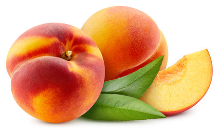 Peach with leaves isolated on white background. Peach Clipping Path. Peach macro studio photoの写真素材