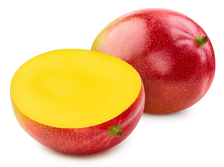 Fresh Mango whole and cut in half with leaf isolated on white background. Clipping Path. Full depth of field.の写真素材