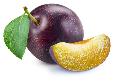 Isolated plum. Fresh organic plum with leaves isolated clipping path. Plum macro studio photo. High End Retouchingの写真素材