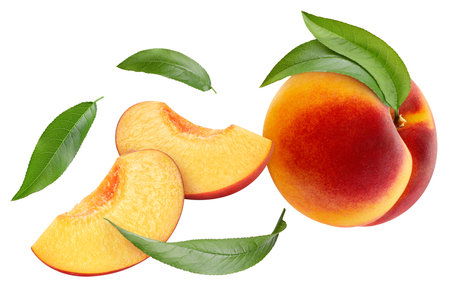 Flying peach isolated on the white background. Peach half and slice. Fresh fruits isolated on white backgroundの写真素材