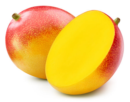 Mango isolated on the white background. Mango half. Fresh mango fruits isolated on white backgroundの写真素材