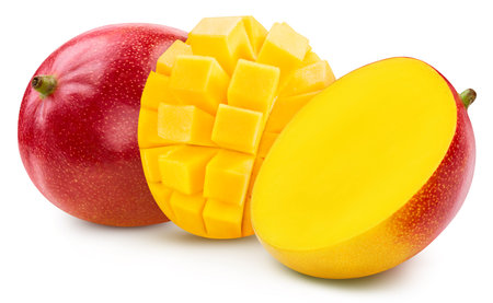 Fresh Mango whole and cut in half with leaf isolated on white background. Clipping Path. Full depth of field.の写真素材
