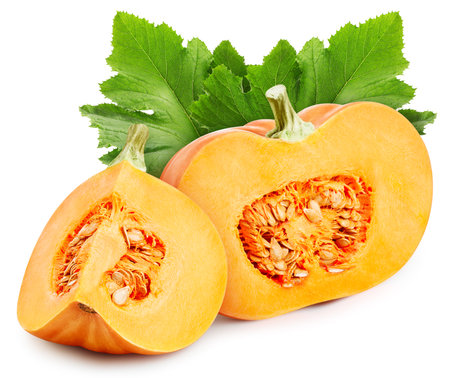 Ripe pumpkin with leaves. Organic pumpkin isolated on white background. Taste pumpkin with leaf. With clipping pathの写真素材