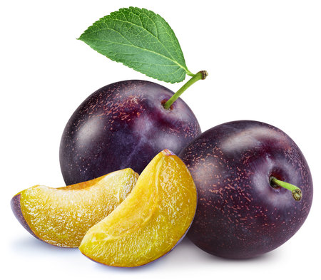 Plum isolated. Plum half and slice. Plum on white background. With clipping path.の写真素材