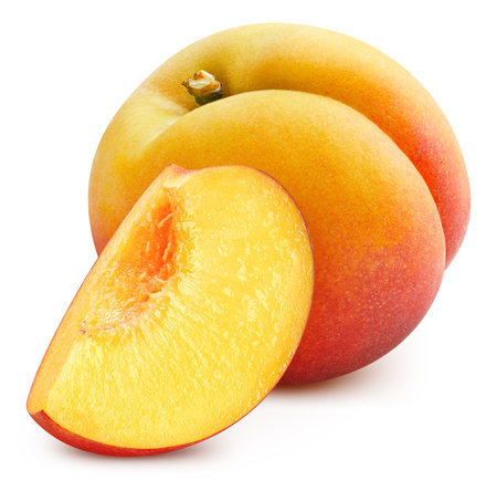 Peach isolated. Peach slice. Peaches on white background.の写真素材