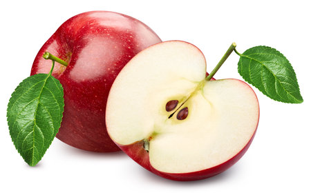 Red apple isolated on white background. Taste apple with leaf. Full depth of fieldの写真素材