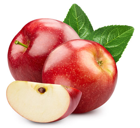 Red apple isolated on white background. Taste apple with leaf. Full depth of field with clipping pathの写真素材