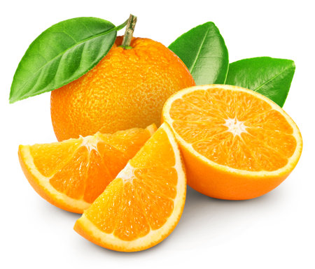 Orange isolated on white background. Taste orange with leaf. Full depth of field with clipping pathの写真素材
