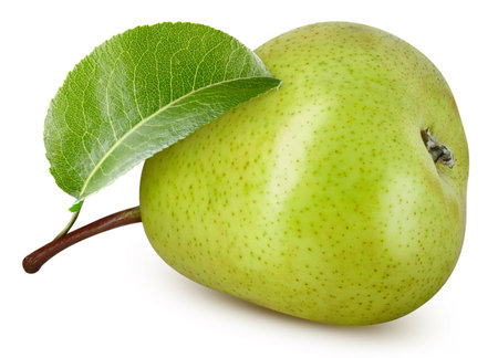 Pear fruit with leaf isolate. Pear on white. Pear clipping path. High End Retouchingの写真素材