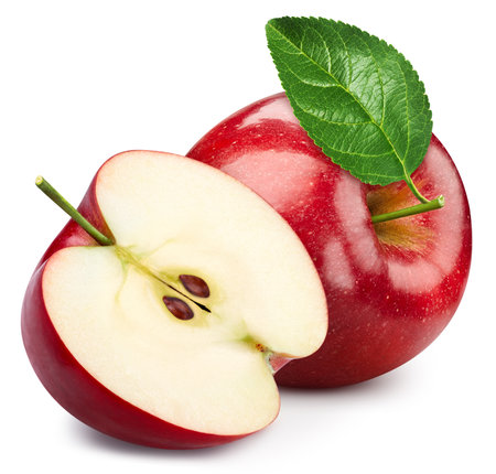 Apple isolated on white background. Apple clipping path. Apple with leavesの写真素材