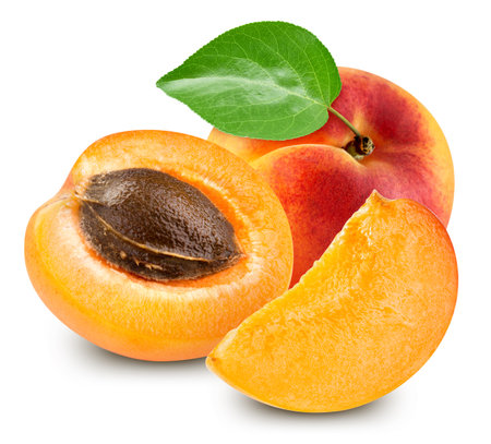 Apricot fruit with leaf isolate. Apricot slice and half on white. Apricot clipping path.の写真素材