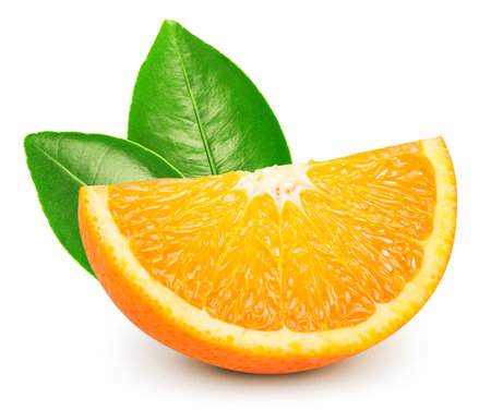 Orange slice isolated on white background. Taste orange with leaf.の写真素材