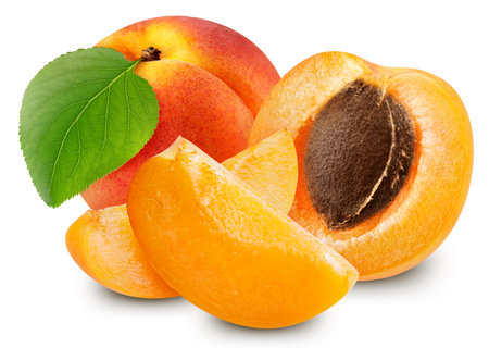 Apricot fruit with leaf isolate. Apricot slice and half on white. Apricot clipping path.の写真素材