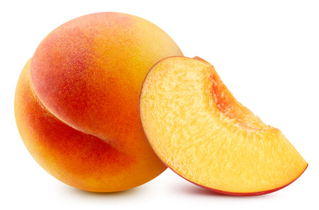 Peach isolated. Peach slice. Peaches on white background. With clipping path.の写真素材