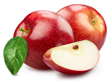 Apple isolated on white background. Apple clipping path. Apple with leavesの写真素材