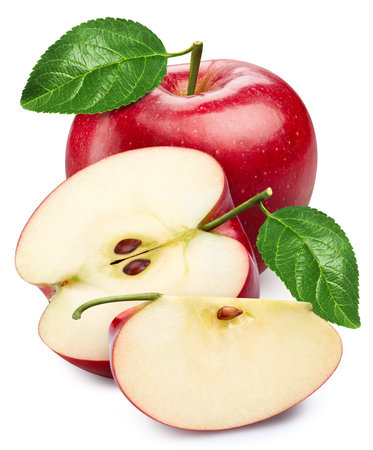 Apple isolated on white background. Apple clipping path. Apple with leavesの写真素材