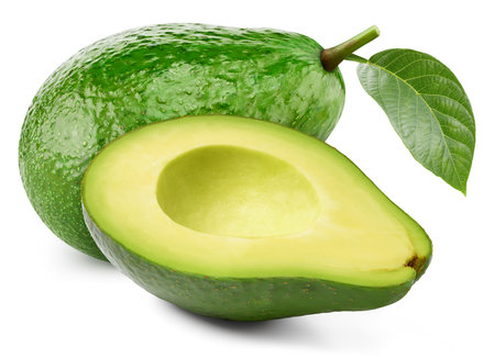 Ripe whole avocado with green leaf and half isolated on white background. avocado macro studio photoの写真素材