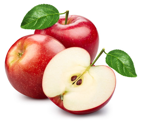 Red apple isolated on white background. Taste apple with leaf.の写真素材
