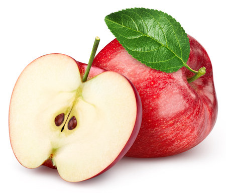 Red apple isolated on white background. Taste apple with leaf.の写真素材