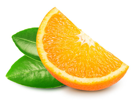 Orange slice and green leaves isolated on white background.の写真素材
