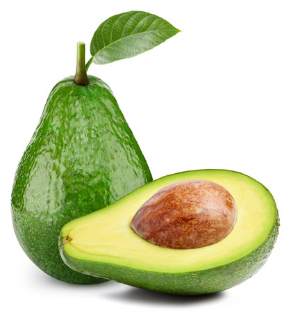 Avocado fruit with leaf isolate. Avocado half on white.の写真素材