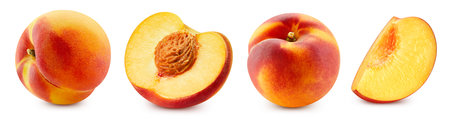 Peach collection. Peach set isolated on white background. Peach macro.の写真素材