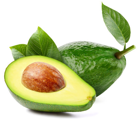 Isolated avocado half with leaf.の写真素材
