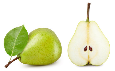Ripe whole pear with green leaf and half isolated on white background.の写真素材