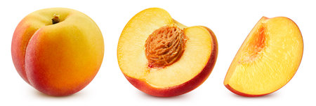Peach collection with leaf isolate. Peach slice and half on white.の写真素材