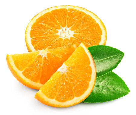 Orange fruit with leaf isolate. Orange slice and half on white.の写真素材